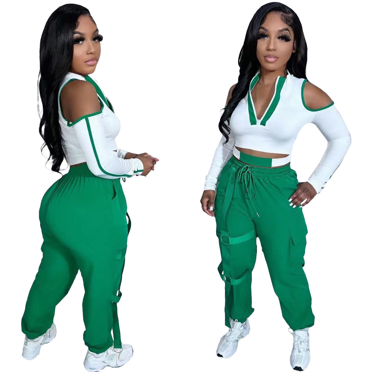 Fashionable Color Contrast Cutout Long Sleeve Two Piece Pants Set 7