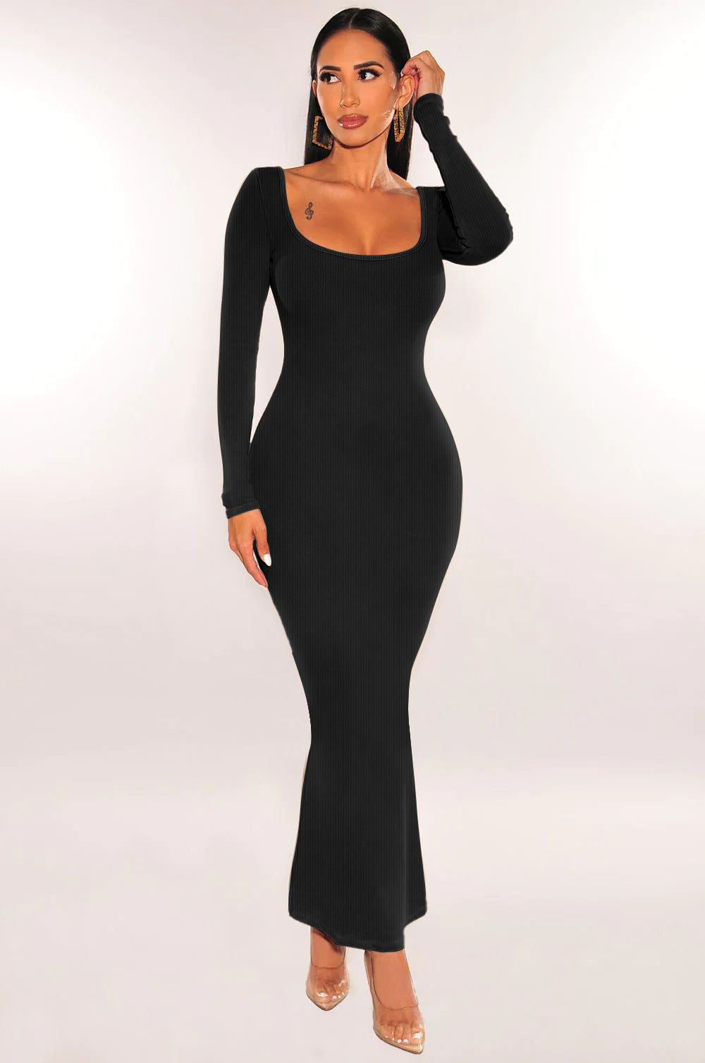 Women autumn square neck long sleeve knitting dress 3