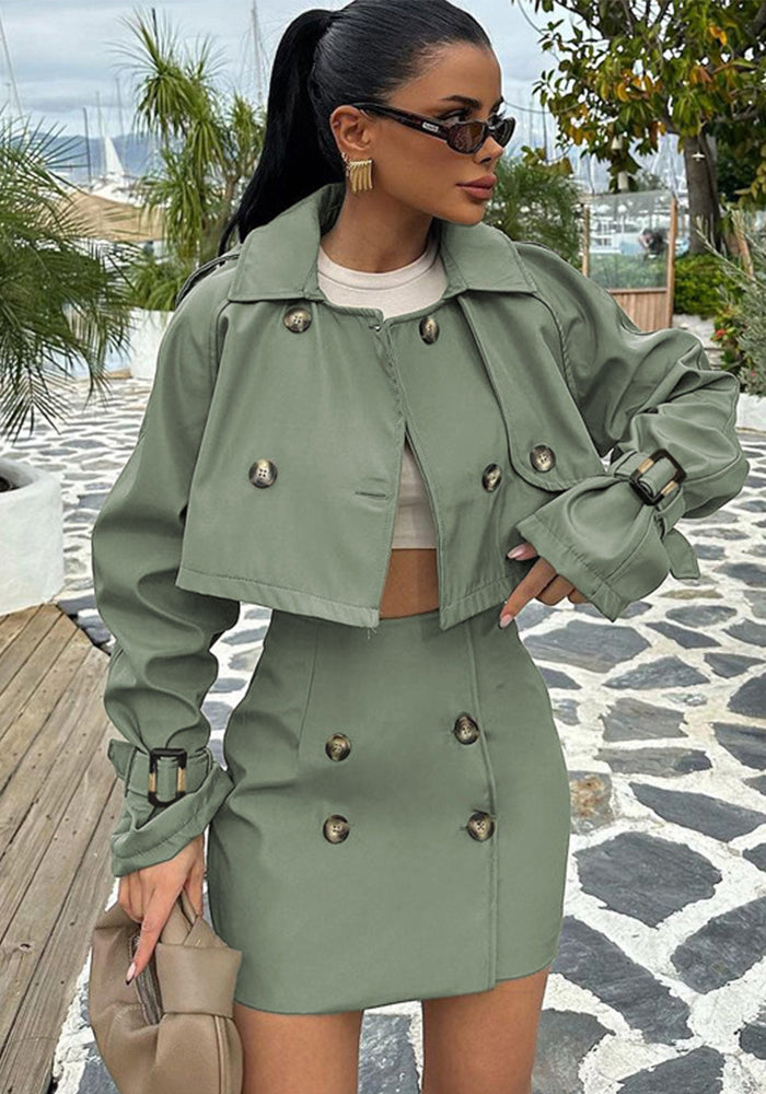 Women British style short Cargo jacket and Skirt Two Piece Set
