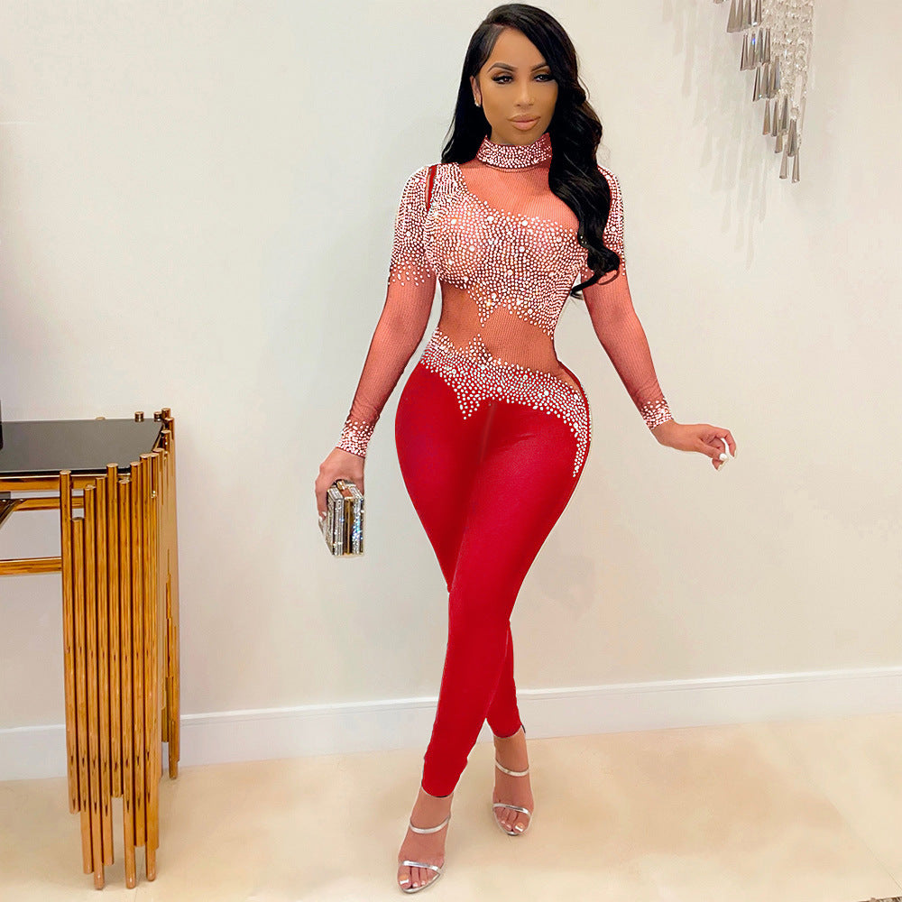 Women Sexy Mesh See-Through Beaded Long Sleeve Jumpsuit 4