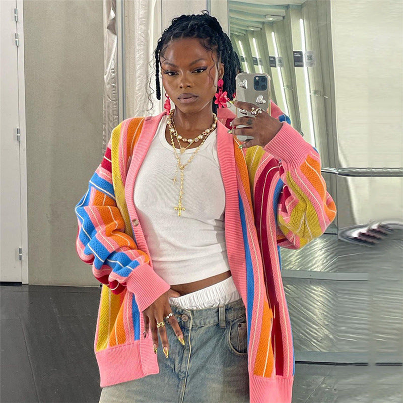 Autumn Women's Fashion Contrast Color Knitting Striped Long Sleeve Cardigan Loose Casual Top