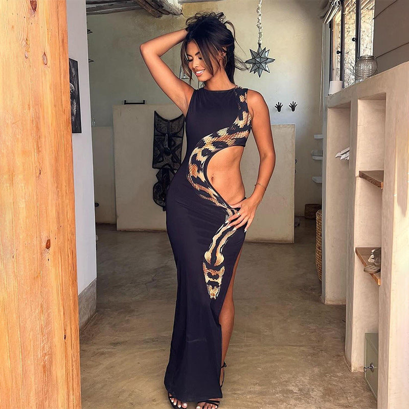 Summer Round Neck Sleeveless Snake Print Hollow Split Long Dress