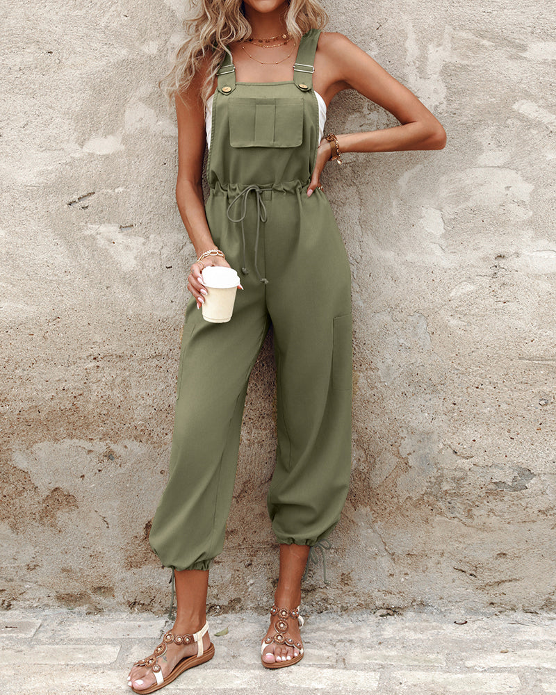 Women Pocket Cargo Elastic Lace-Up Wide Leg Overalls 4