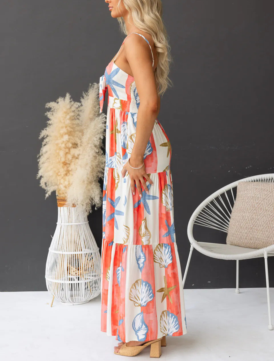 Women Spring and Summer Sexy Printed Lace-Up Dress 4