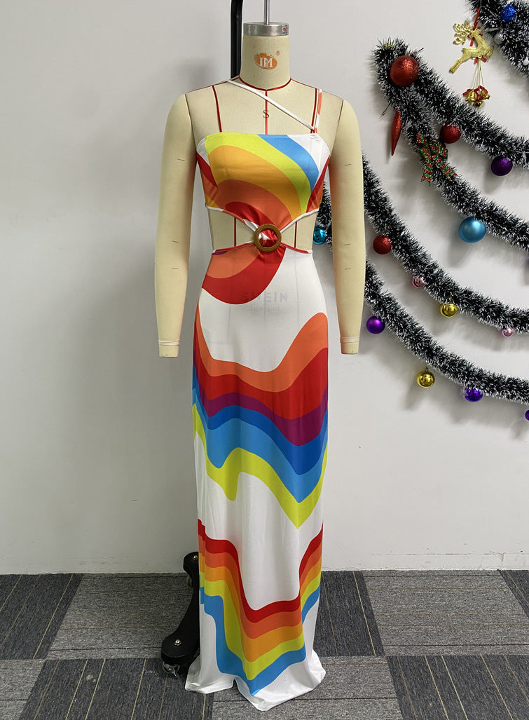 Sexy Printed Patchwork Low Back Hollow Stretch Halter Neck Maxi Dress 6