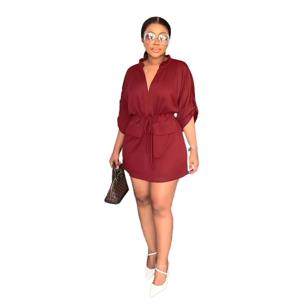 V-neck loose waist tooling skirt summer casual women's dress 8