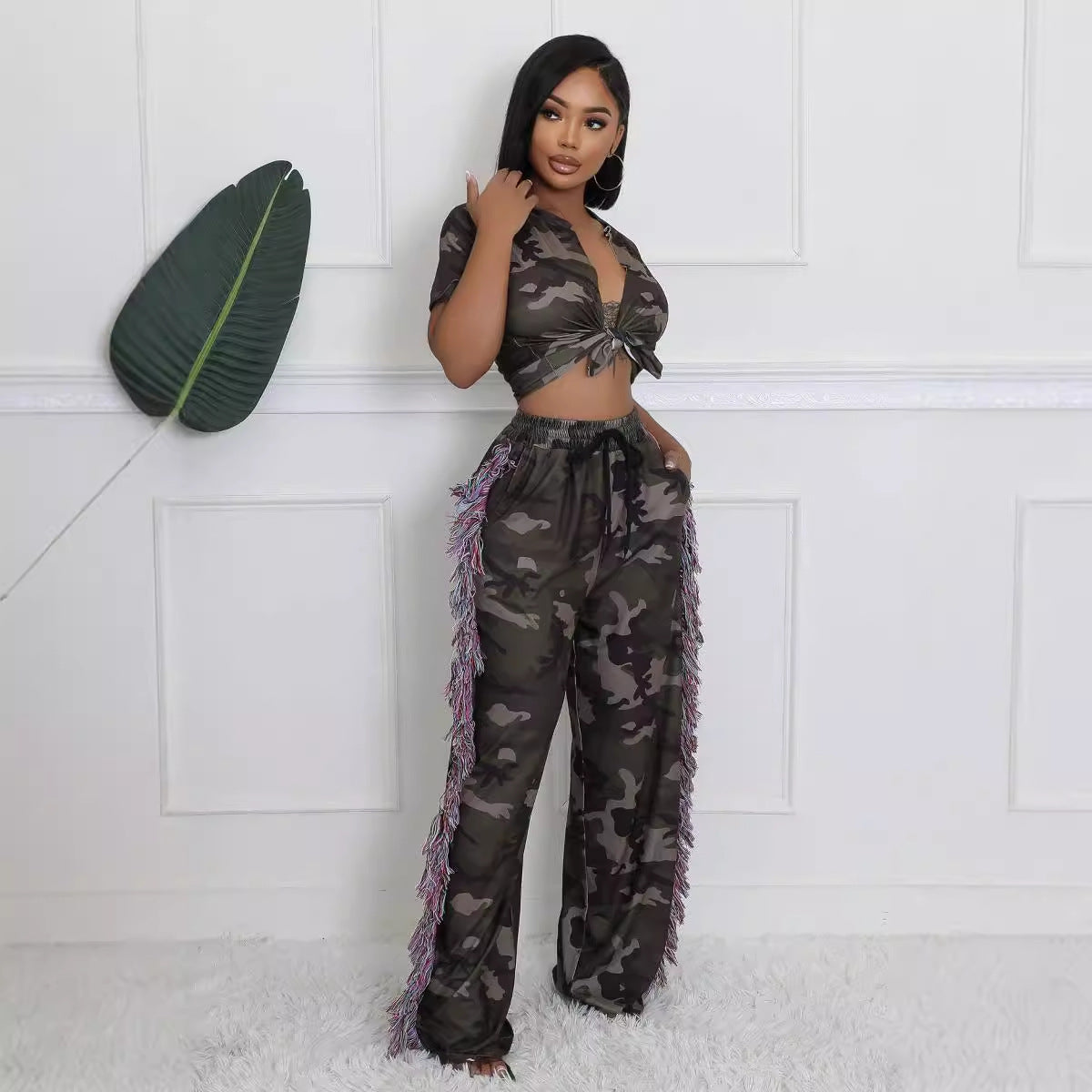 Sexy Camouflage Crop Top High Waist Tassel Pocket Wide Leg Pants Two Piece Set 3