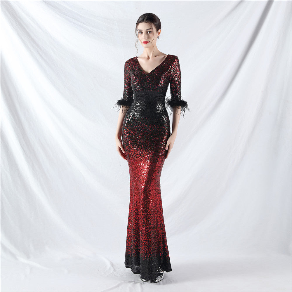 Elegant V-Neck Short Lseeve Sequins Mermaid Plus Size Formal Party Evening Dress