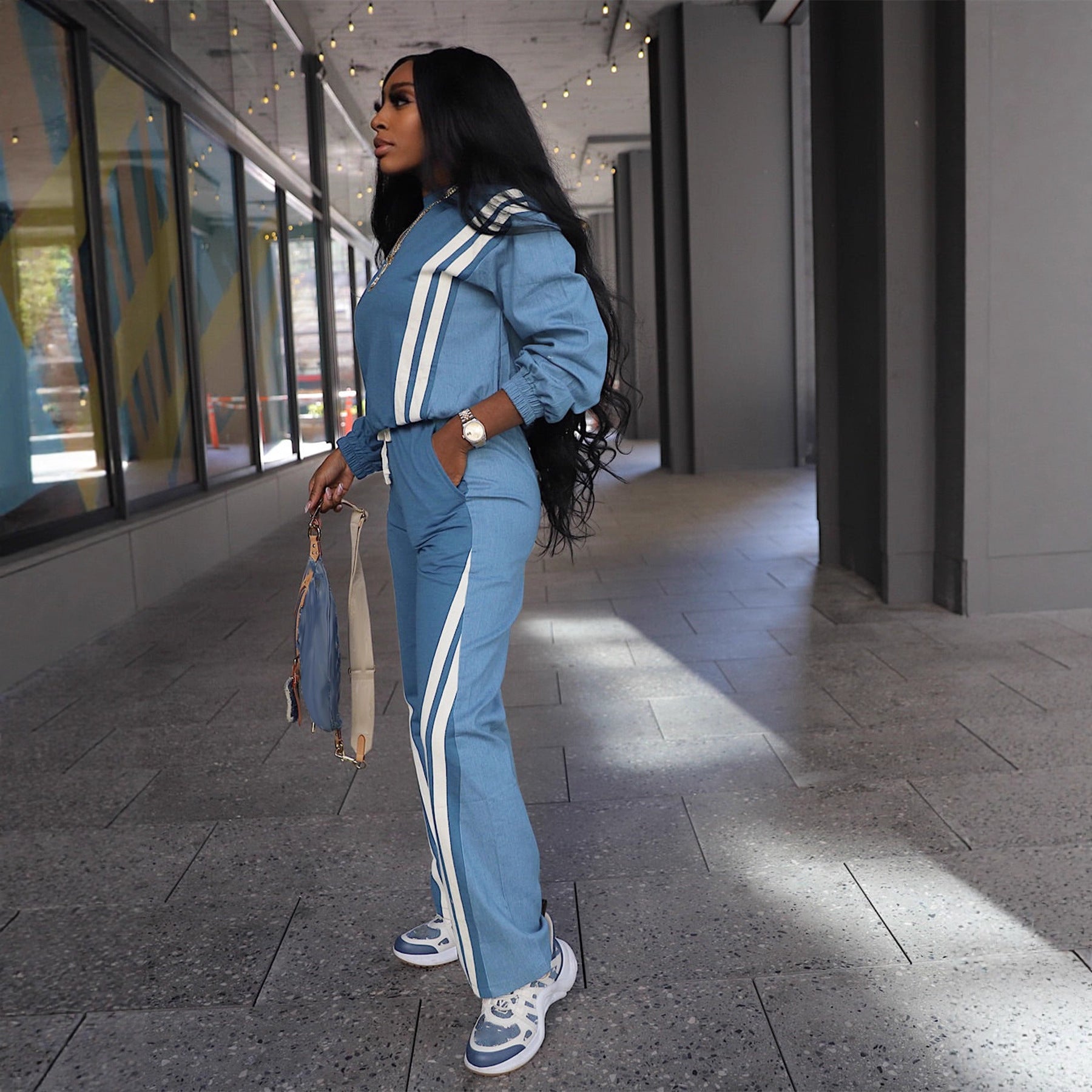 Autumn Winter Sport Color Block Striped Long Sleeve Hoodies Drawstring Pants Two-Piece Set 6