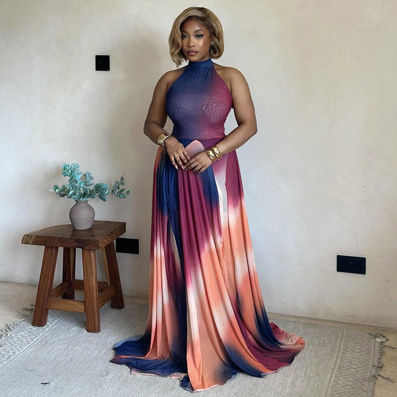 Women gradient pleated Halter neck backless dress 3