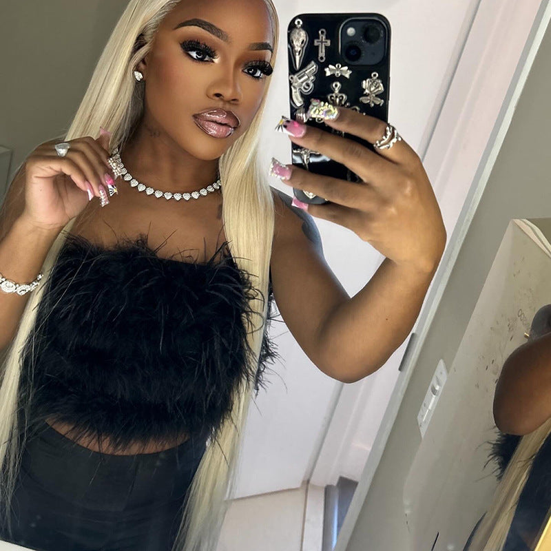 Women Spring/Summer furry sexy strapless crop top solid cropped pants two-piece set 9