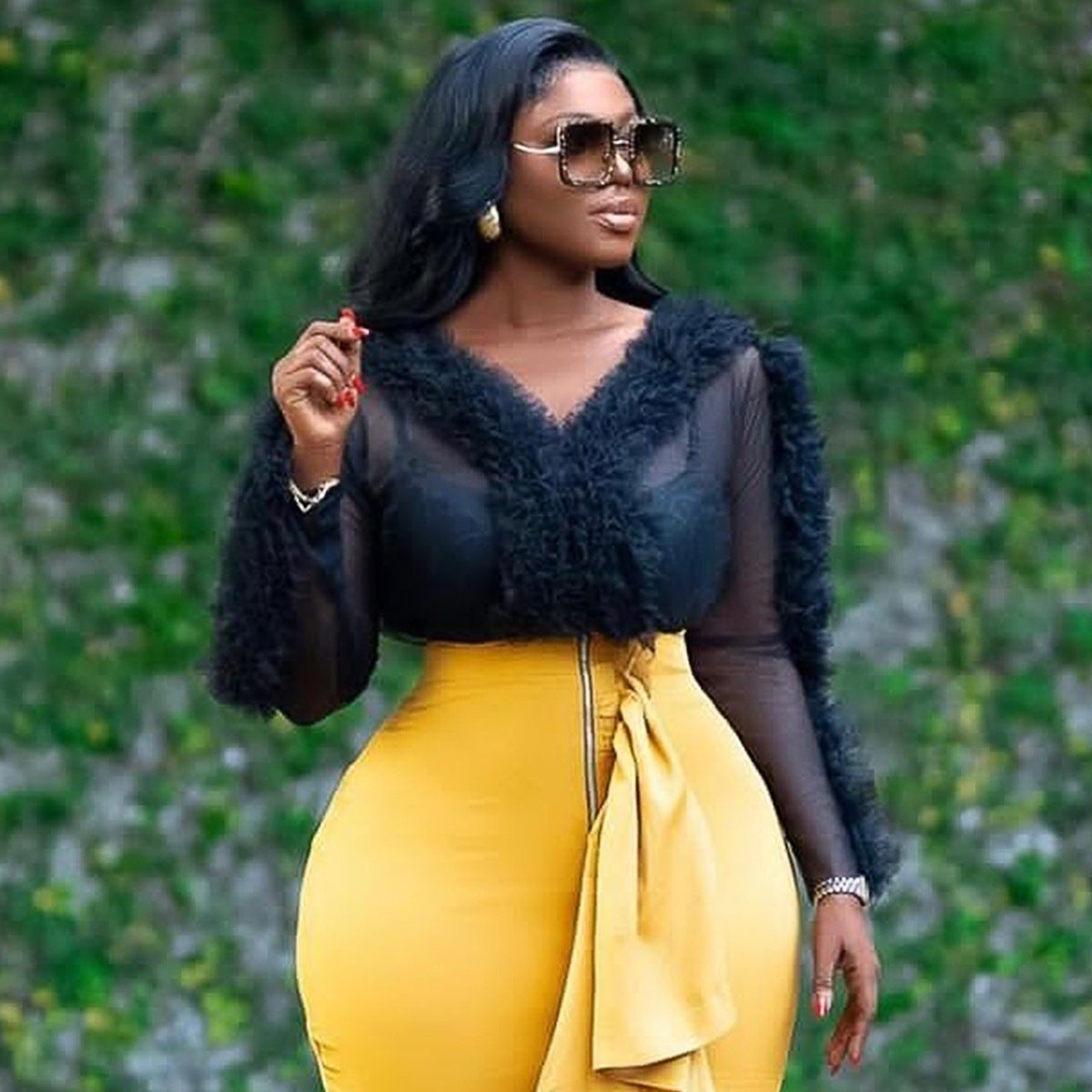 Sexy See-Through Long Sleeve Blouse V-Neck Mesh Patchwork Slim Waist Slim Fit Tops 3