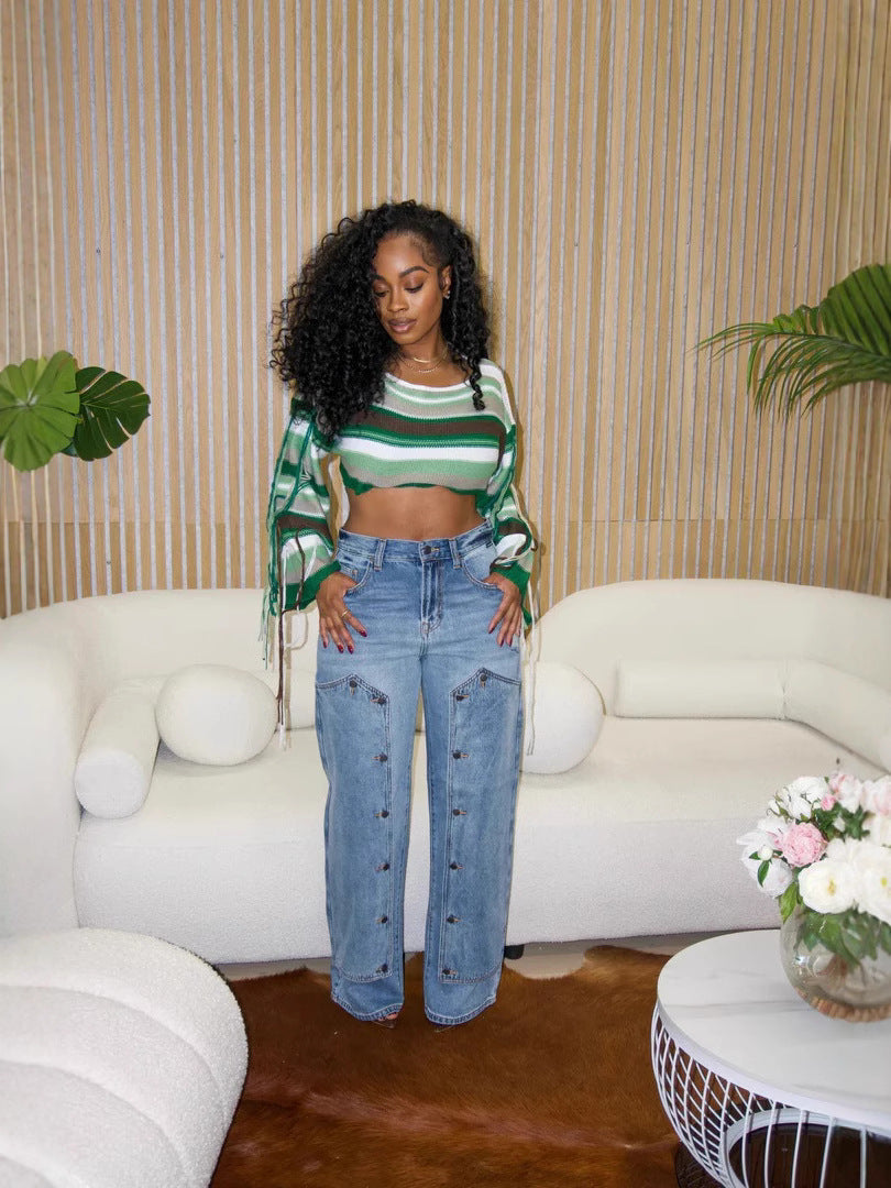 Women Patchwork Trendy Removable Denim Pants 4