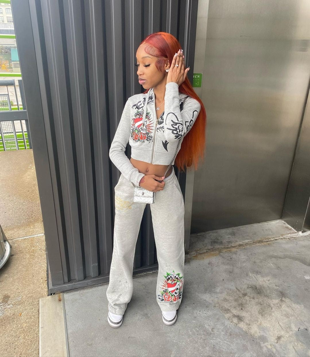 Women Zipper Printed Long Sleeve Top and Pant Two-piece Set 8