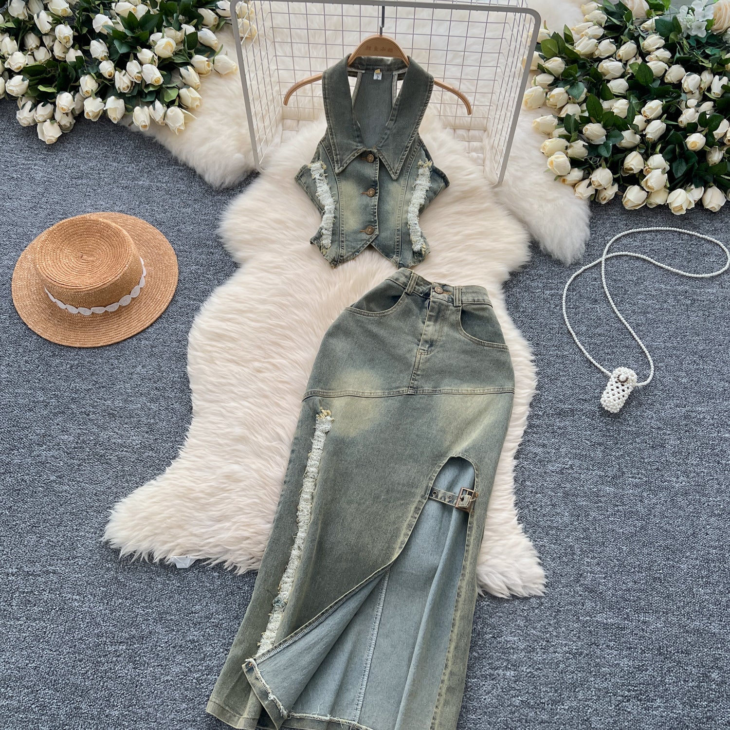 Turn Down Collar Distressed Denim Halter Top Slit Skirt Set 13