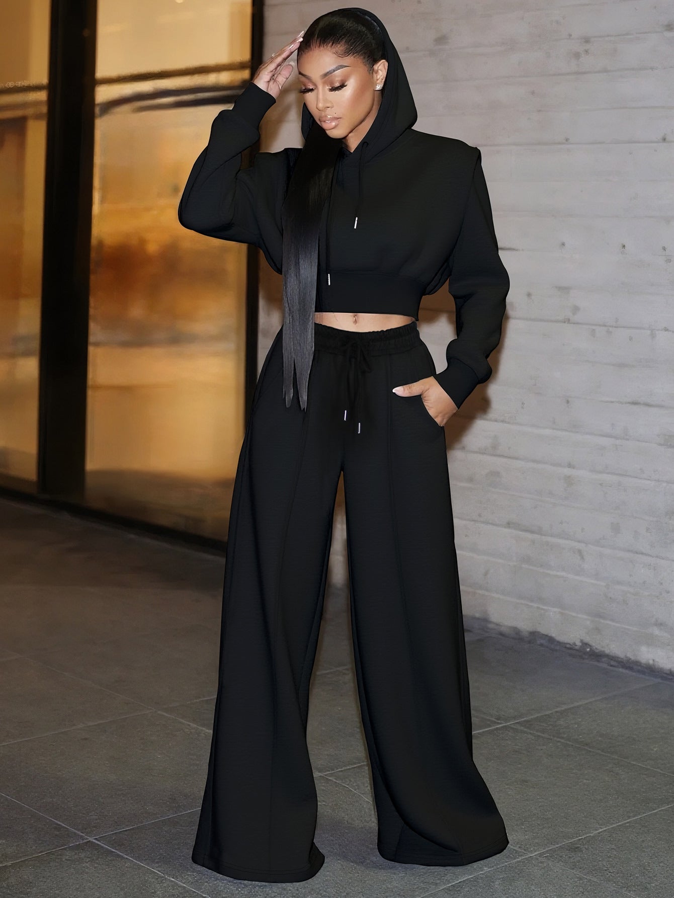 Women Elegant Long-Sleeved Hooded Crop Top and Pants Two-Piece Set 4