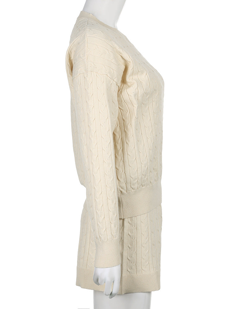 Comfortable Casual Solid Color Sweater Suit Autumn Round Neck Loose Top High Waist Shorts Two-Piece Trendy Set 11