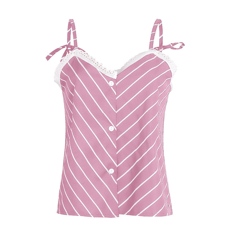 Summer Stripes Printed Strap Pajamas Two-Piece Home Clothes Set 10