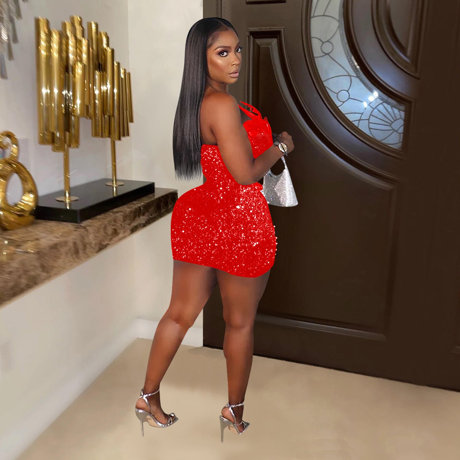 Women Sequin Feather Sleeveless Dress 7