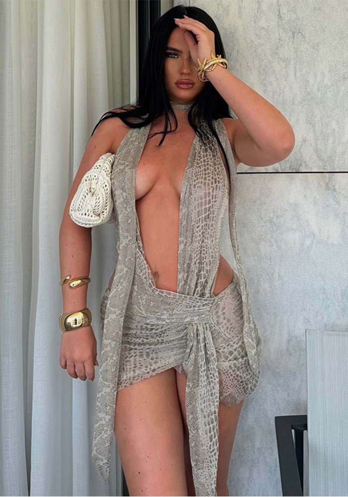 Women Summer Sexy Snake Print Halter Neck Lace-up Irregular Dress