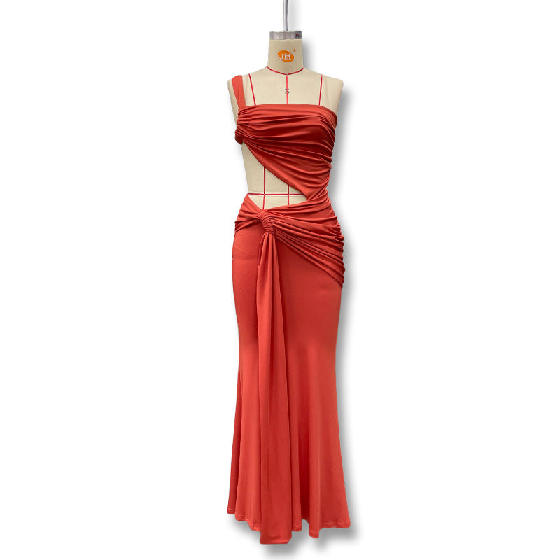 Women Summer Sexy One-shoulder Backless Strapless Solid Lace-Up Gathered Maxi Dress 19