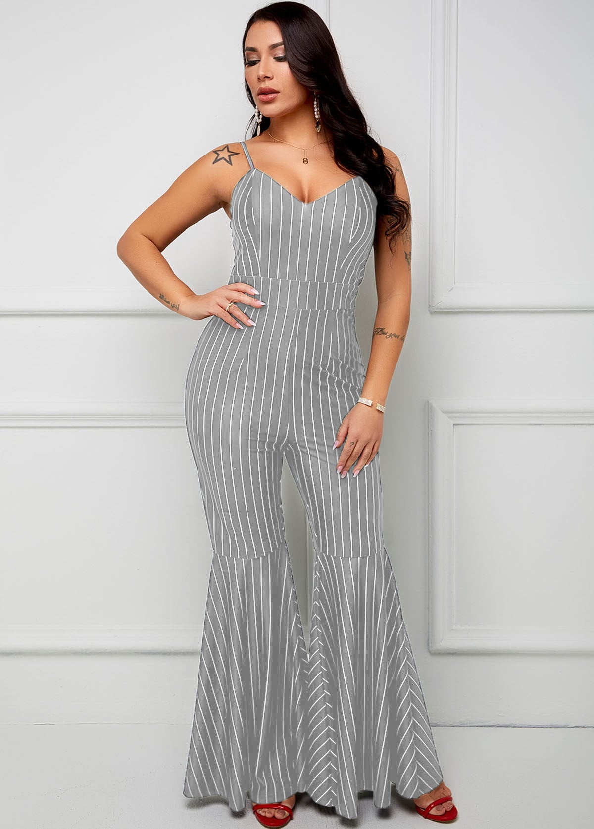 Sexy Fashion Straps Strap Stripes Bell Bottom Women's Jumpsuit