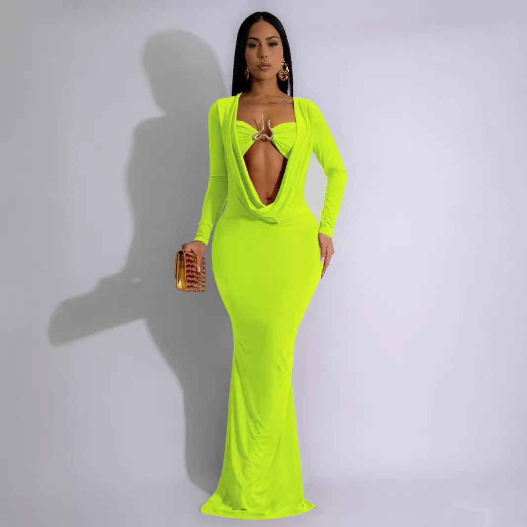 Women V-neck draped pleated long-sleeved sexy Bodycon Dress 6