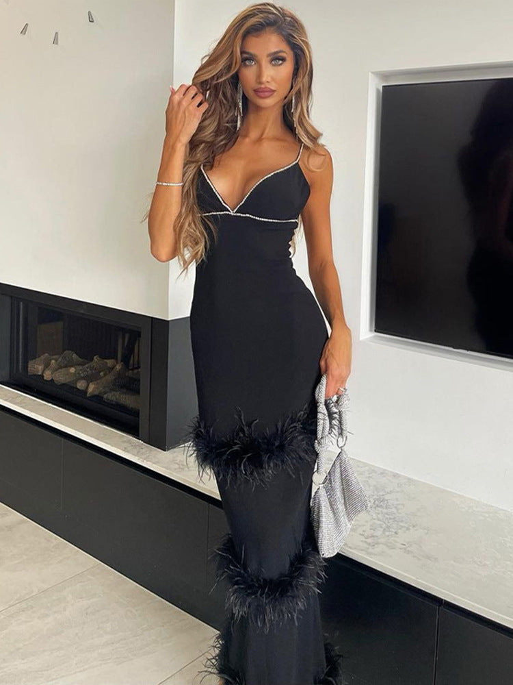 Autumn Women's Sexy Beaded Straps Slim Waist Low Back Furry Dress