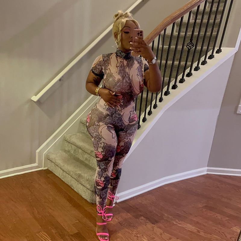 Women Summer Street Trend Mesh See-Through Print Backless Jumpsuit 5