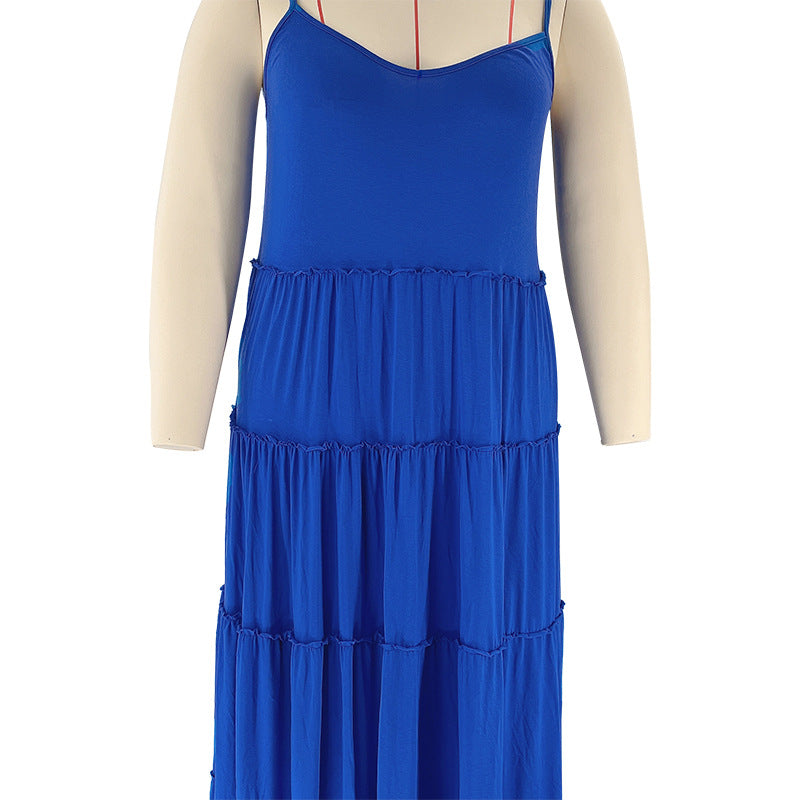 Summer Plus Size Women's Solid Color Sexy Camisole Pleated Patchwork Fashion Casual Dress 23