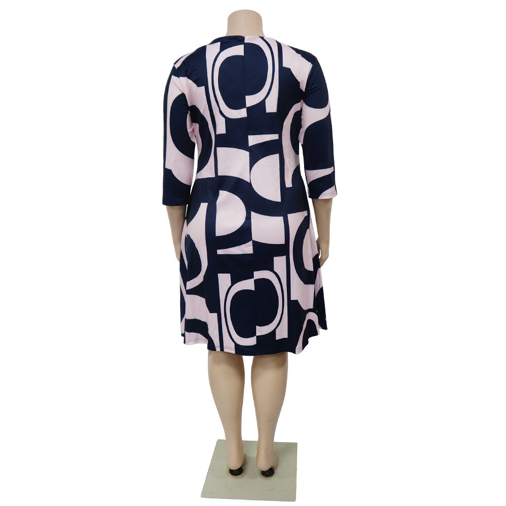 Plus Size Women's Autumn And Winter Digital Print Round Neck Half-Sleeve Loose Dress 11
