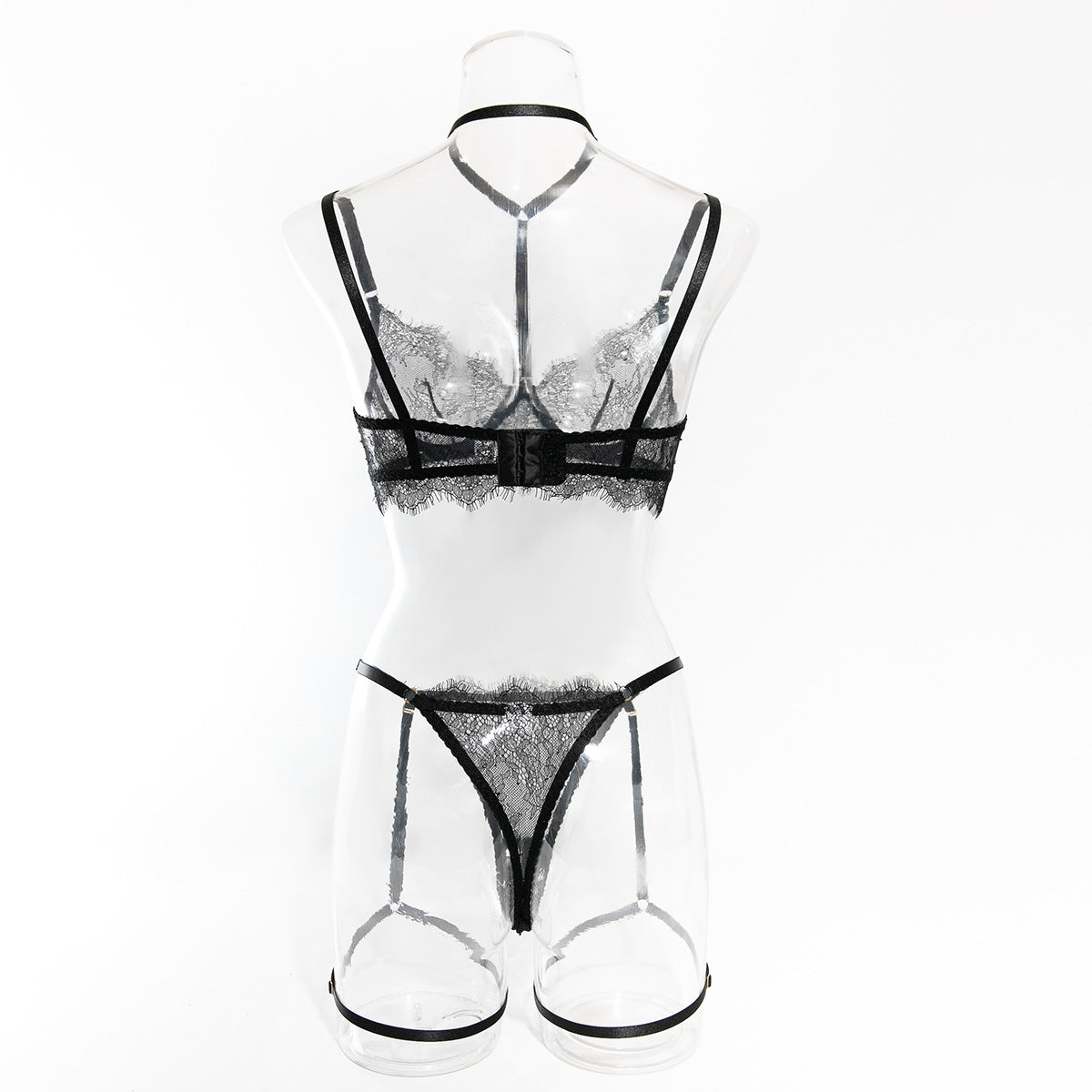 Women hollow lace eyelash halter neck lingerie set with detachable leg loops 27