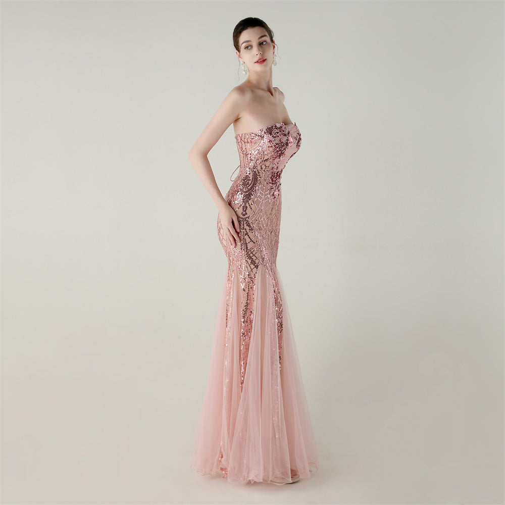 Women Strapless cross Lace-Up sequined tube flower sequined mesh evening dress Formal Party evening dress 84