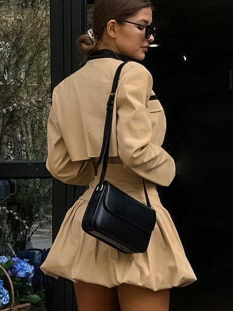 Women Fall Turndown Collar Long Sleeve Crop Top and Skirt Two-piece Set 6