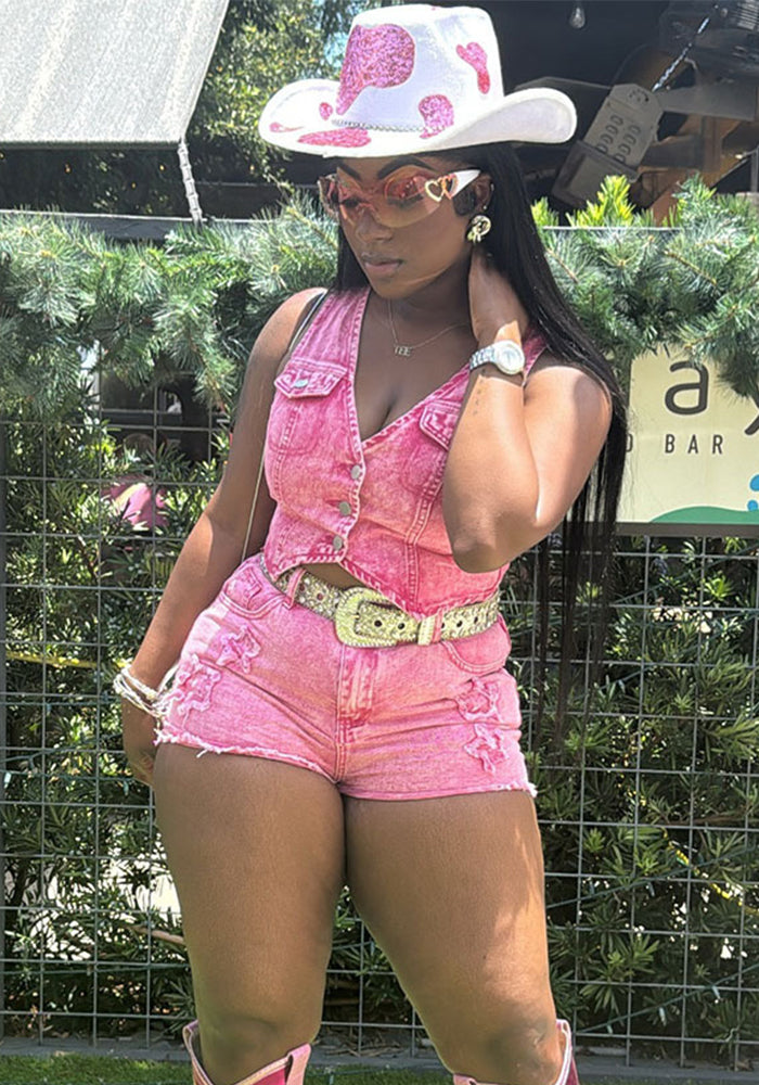 Women sretchy denim sleeveless vest top shorts two-piece set