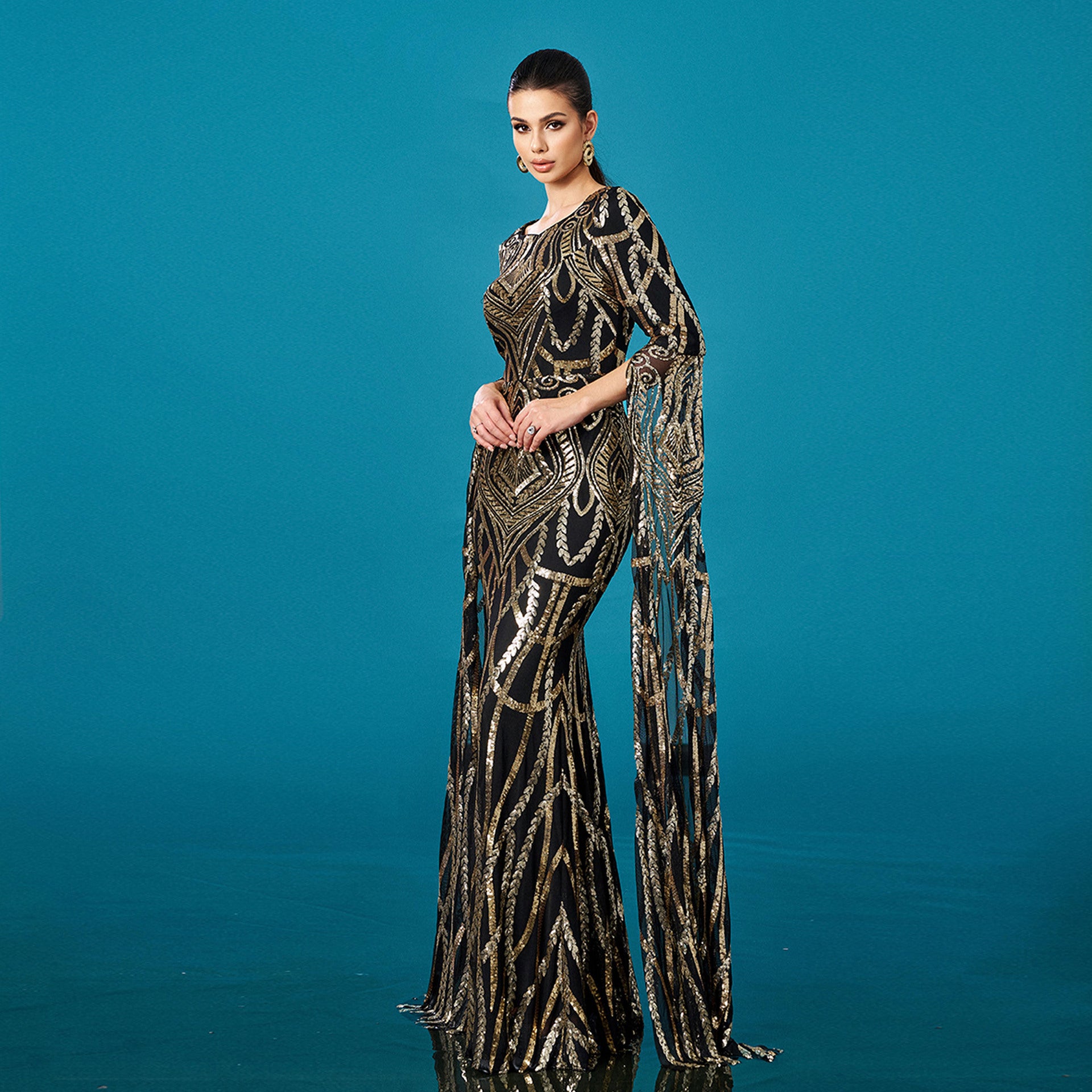 Women long sleeve Round Neck sequin Formal Party Bodycon fishtail evening dress 5