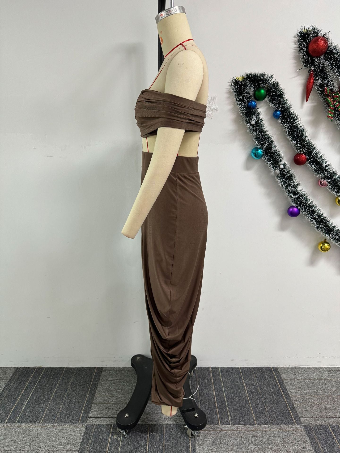 Sexy Off Shoulder Deep V Pleated Top Trousers Two Piece Set 13