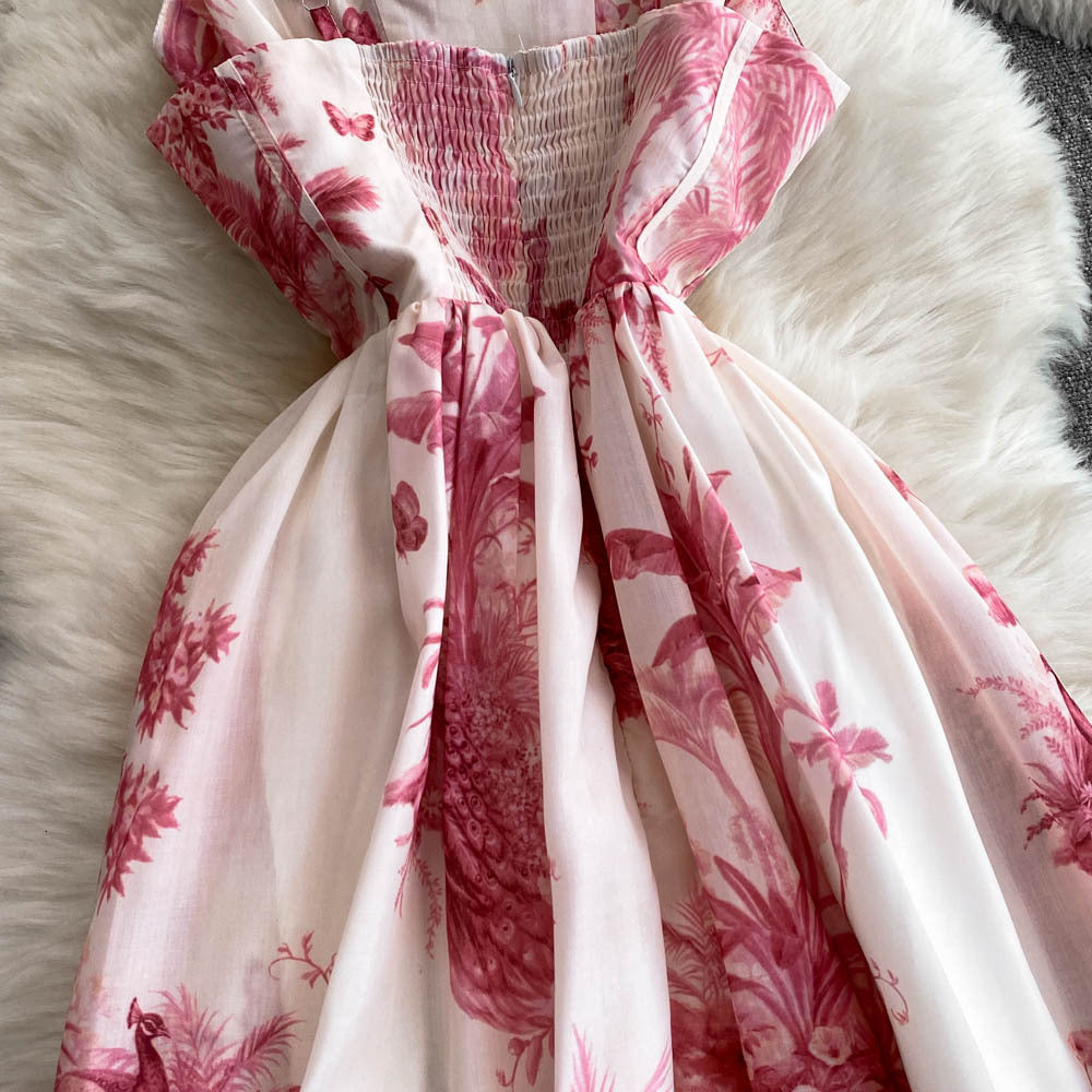 Women's Summer Printed Strap Elegant Slim Waist Long Dress 18