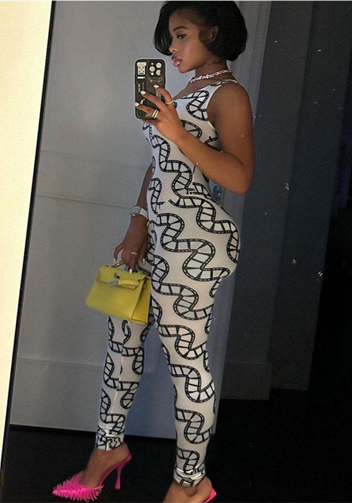 Summer Women Sleeveless Print Sports Jumpsuit