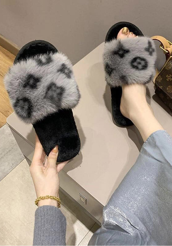 fur flat slippers women's home rabbit fur cotton slippers