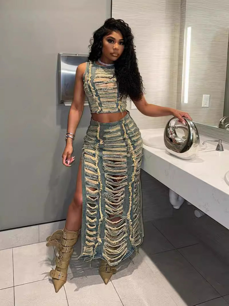 Women's Fashion Trend Worn Hollow Sexy Vest High Slit Denim Skirt Two-Piece Set 3
