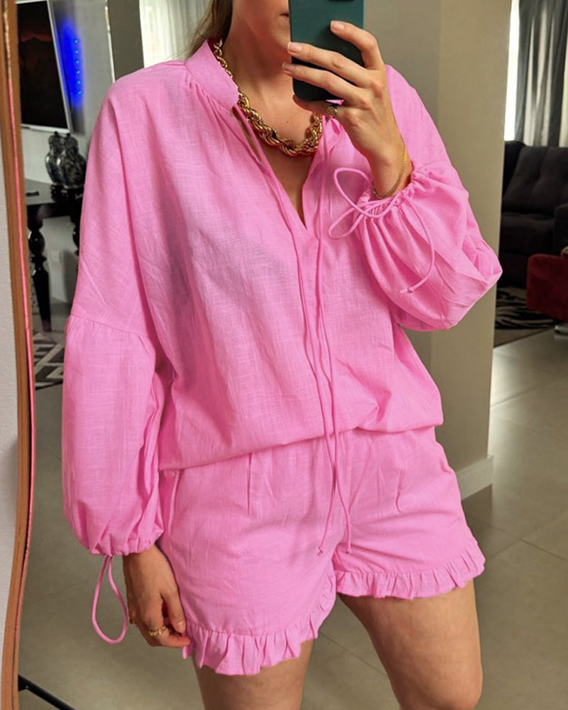 Women Rose Neck Lace-Up Puff Sleeve Top and Ruffle Edge Shorts Two-Piece Set 3
