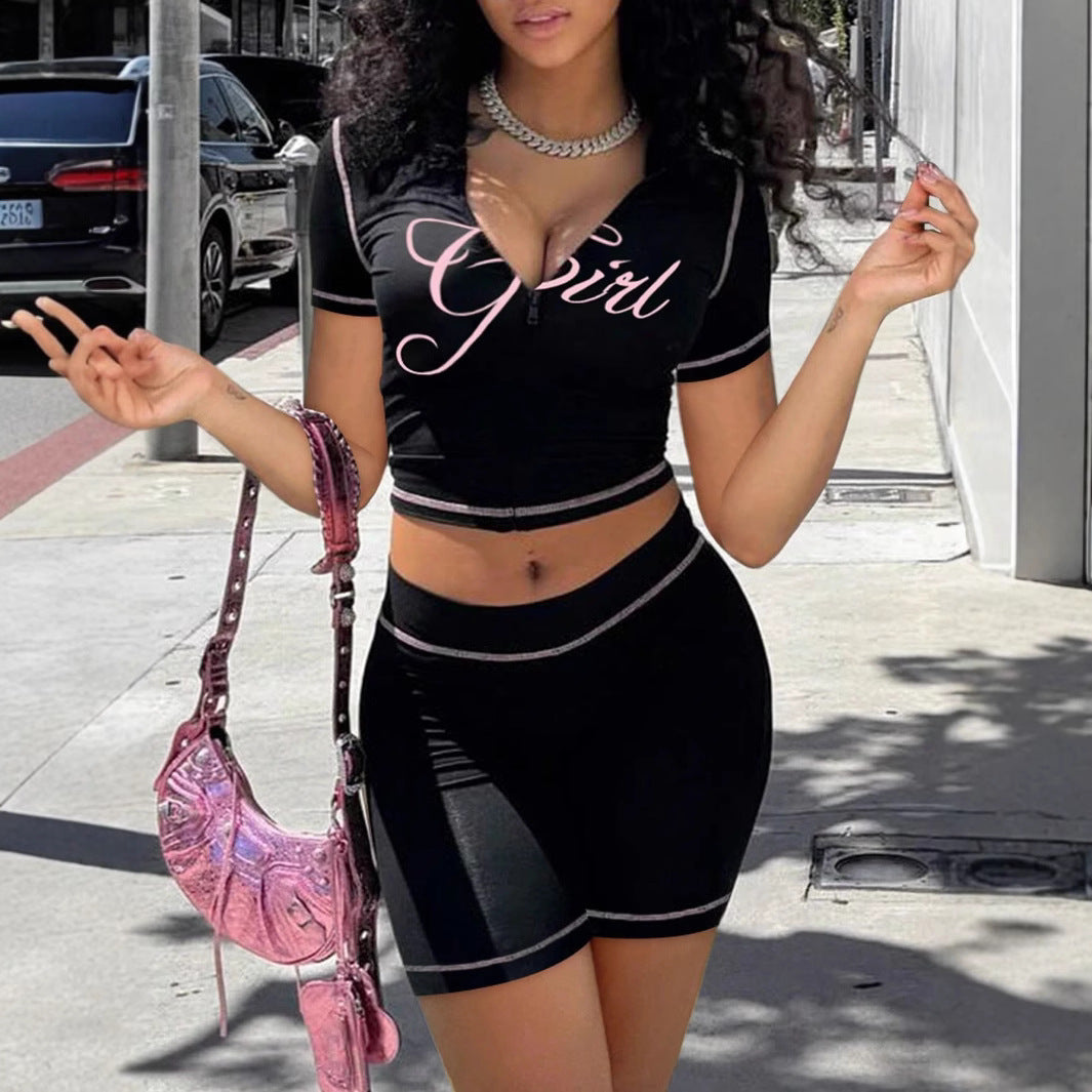 Women Print Contrast Color Top and Shorts Two-piece Set 3