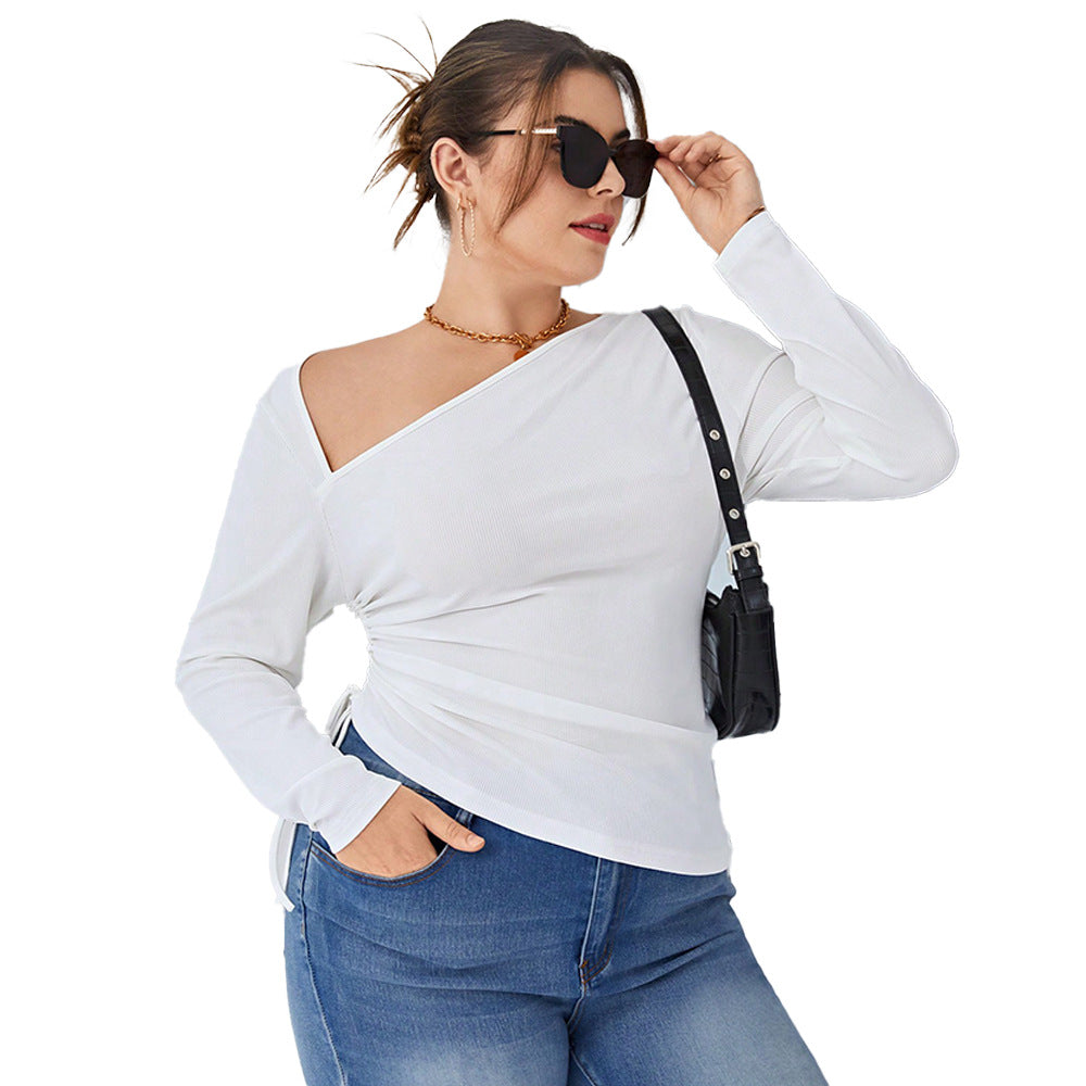 Plus Size Women High Long Sleeve Slash Shoulder Off-the-Shoulder Irregular Pleated T-Shirt 6