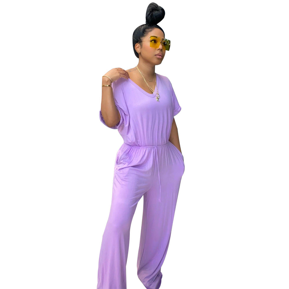 Sexy Women's Loose Casual Solid Color V-Neck Women's Jumpsuit 9