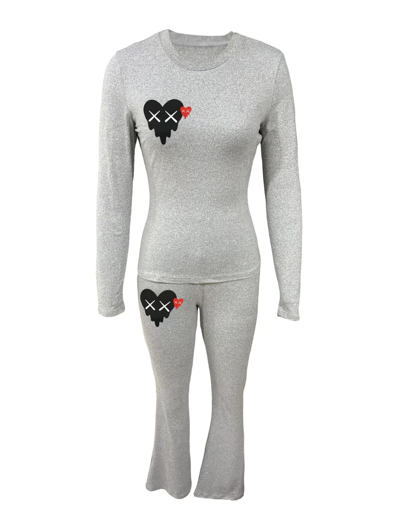 Women's Heart Printed Long Sleeve Round Neck T-Shirt Pants Set 10