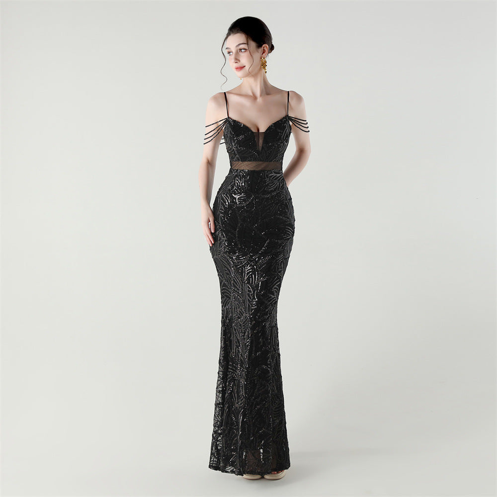 Women beaded cross Lace-Up hollow Patchwork Formal Party evening dress