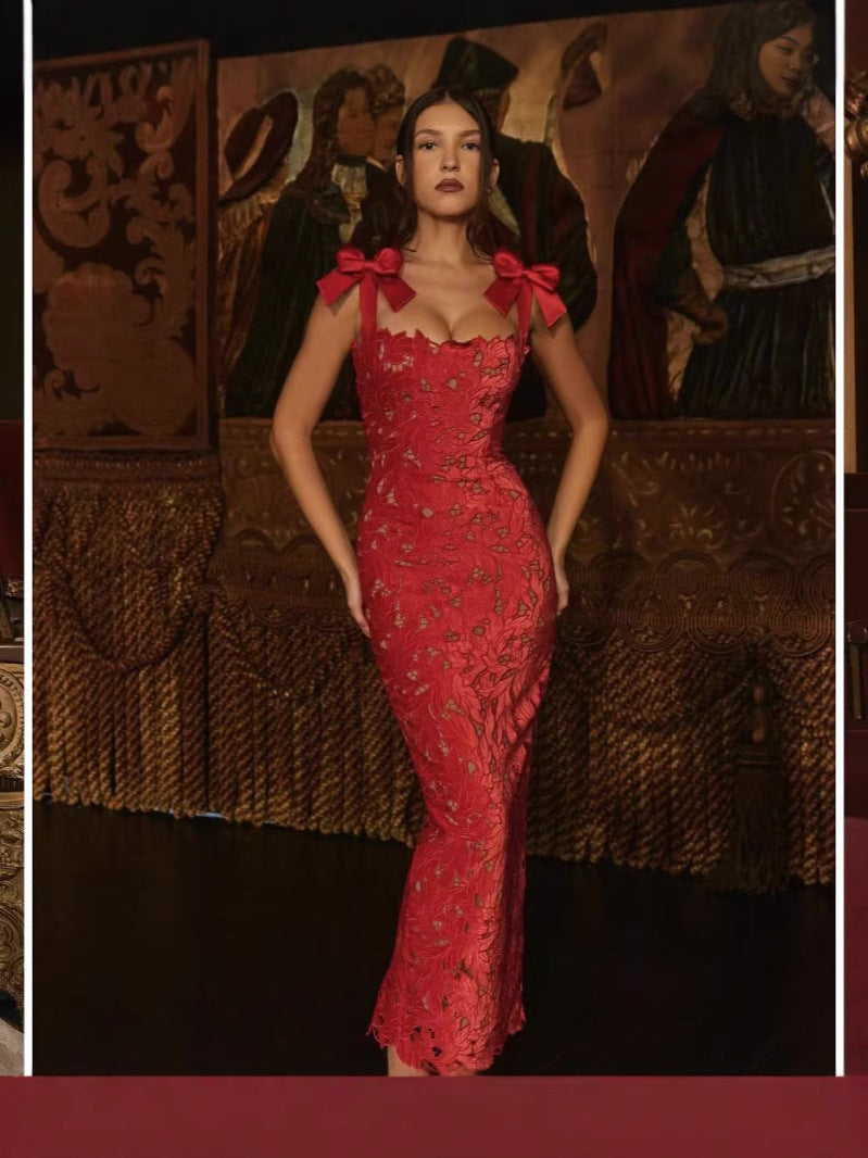 Women Spring and Summer Bow Embroidered Hollow Bodycon Dress