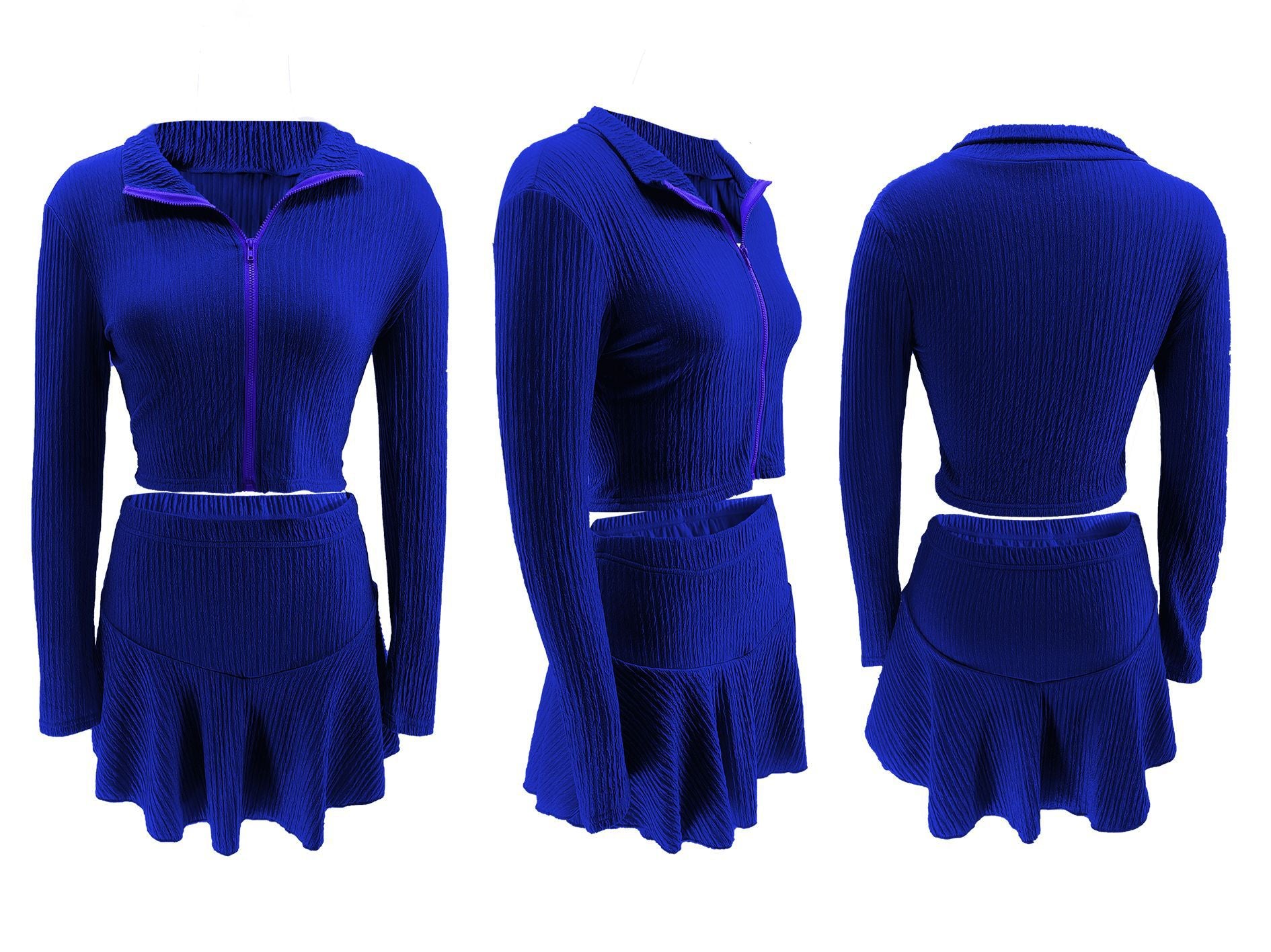 Women Solid Zippered Cropped Top Two-piece set with ruffled skirt 49