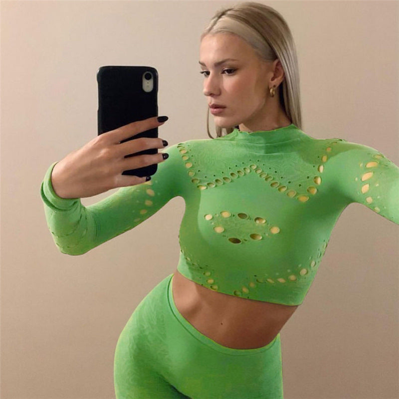 Fall Women's Sexy Round Neck Cutout Tight Fitting Top High Waist See-Through Casual Pant Set 8